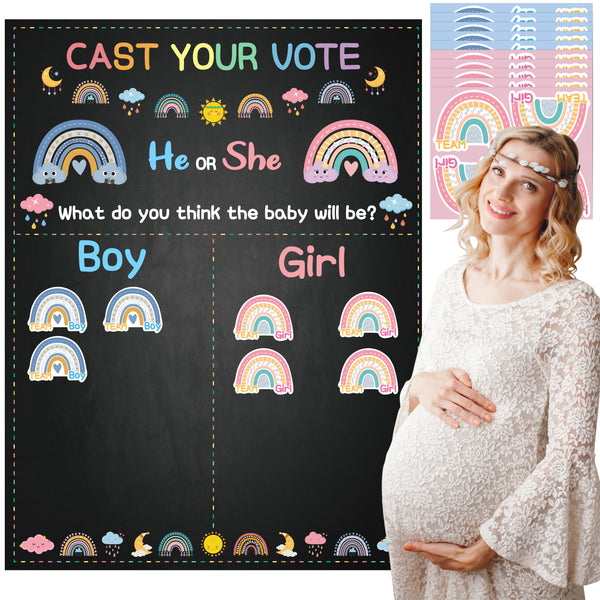 OSNIE Boho Rainbow Gender Reveal Party Games Cast Your Vote He or She Gender Reveal Poster with Team Boy Team Girl Voting Stickers Bohemian Rainbow Party Decor Baby Shower Gender Announcements Ideas