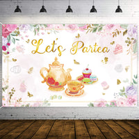 OSNIE Let's Partea Backdrop Banner Floral Tea Party Decorations Supplies for Pink and Gold Bridal Shower Baby Shower Wedding Birthday Party Photography Background Photo Studio Props, 5.9 x 3.6 ft