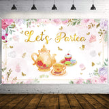 OSNIE Let's Partea Backdrop Banner Floral Tea Party Decorations Supplies for Pink and Gold Bridal Shower Baby Shower Wedding Birthday Party Photography Background Photo Studio Props, 5.9 x 3.6 ft