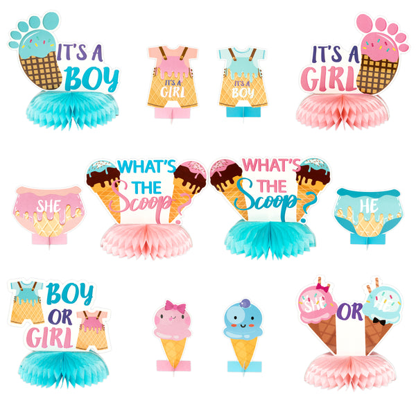 OSNIE 12Pcs Ice Cream Gender Reveal Honeycomb Centerpieces Table Topper Blue and Pink What is the Scoop Party Decorations Supplies for He or She Boy or Girl Baby Shower Pregnancy Announcements Decor