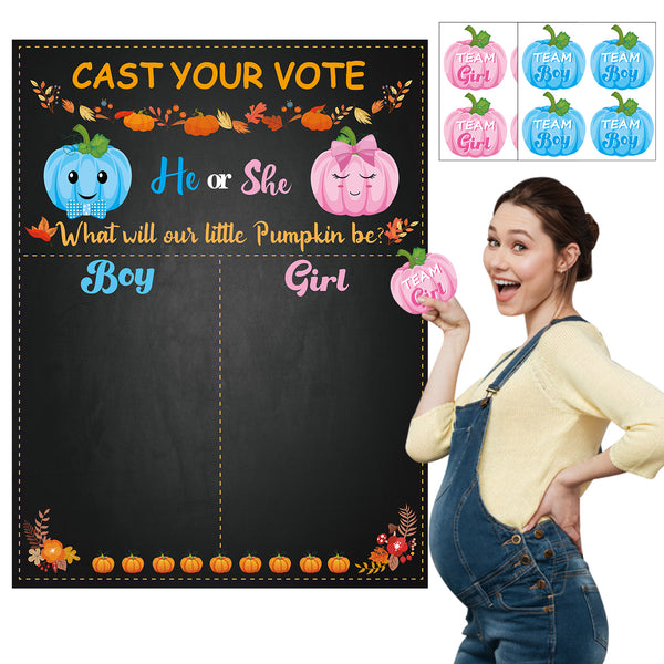 OSNIE Pumpkin Gender Reveal Party Games Cast Your Vote Poster with Team Boy Team Girl Stickers for He or She Halloween Thanksgiving What Will Our Little Pumpkin Be Gender Reveal Decorations Supplies
