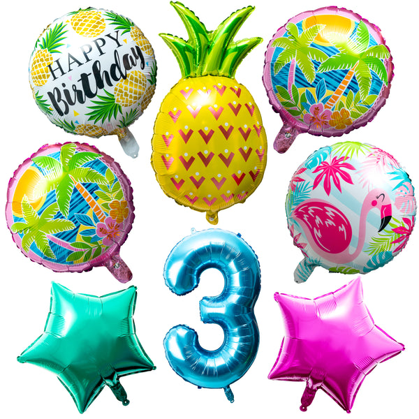 OSNIE Hawaiian Balloons Party Decorations for 3rd Birthday, 8 Pcs Giant Foil Mylar Balloons Pineapple Flamingo Palm Tree Leaves Tiki Summer Beach Pool Aloha Tropical Luau Party Decorations Supplies