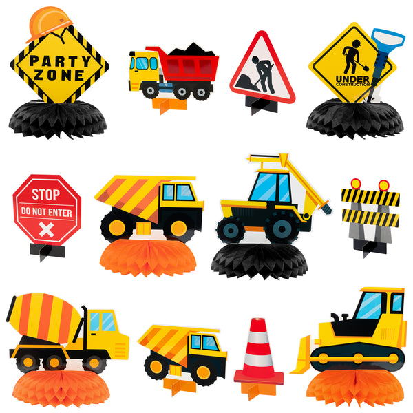 OSNIE 12Pcs Construction Theme Honeycomb Centerpieces Table Topper Double Side Cardstock Dump Truck Birthday Party Supplies Vehicle Traffic Photo Booth Prop Baby Shower Table Decoration for Kids Boys