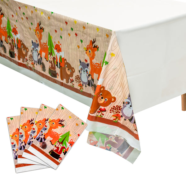 OSNIE 4 Packs of Jungle Safari Woodland Animals Party Tablecloth, Disposable Plastic Rectangular Table Covers, Wild One Zoo Themed Party Decorations Supplies for Kids Birthday Baby Shower, 71''x42.5''