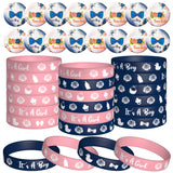 OSNIE 48 Packs Navy Blue and Blush Floral Gender Reveal Party Favors Set Include Bracelets Rubber Wristbands and Metal Badge Button Pins for Team Boy Team Girl Baby Shower Gender Reveal Party Supplies