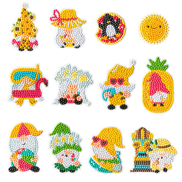 OSNIE 12Pcs Summer Gnomes Diamond Painting Kit 5D DIY Summer Vacation Diamonds Mosaic Stickers Kits for Kids and Adult Beginners Creative Resin Rhinestone Handmade Paint by Numbers Art Craft Gifts Set