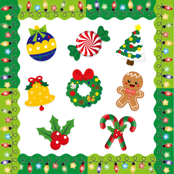 OSNIE 72Pcs Christmas Cutouts Bulletin Board Decoration Xmas Tree Peppermint Candies Ginger Man Christmas Light Bulb Border Trim Bulletin Cardboard for Winter Classroom School Chalkboard Wall Décor