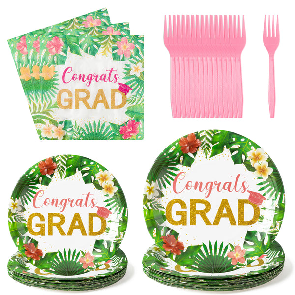 OSNIE 96Pcs Congrats GRAD Party Tableware Set with Hawaii Tropical Aloha Dinner Dessert Plates and Napkins Pink Forks Summer Party Decoration for College Prom 2023 Graduation Party Supplies, 24 Guests