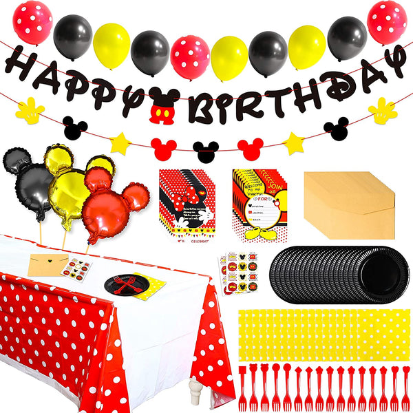 OSNIE 139Pcs Mickey Birthday Party Supplies Set Mickey Theme Party Decorations Including Happy Birthday Banner, Balloons, Invitation Cards, Tablecloth, Forks, Plates, Napkins Serves 20 Guests