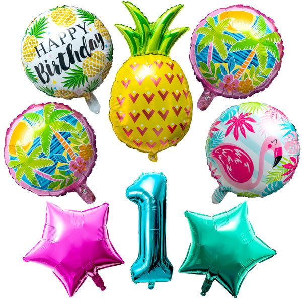OSNIE Hawaiian Balloons Party Decorations for 1st Birthday, 8 Pcs Giant Foil Mylar Balloons Pineapple Flamingo Palm Tree Leaves Tiki Summer Beach Pool Aloha Tropical Luau Party Decorations Supplies