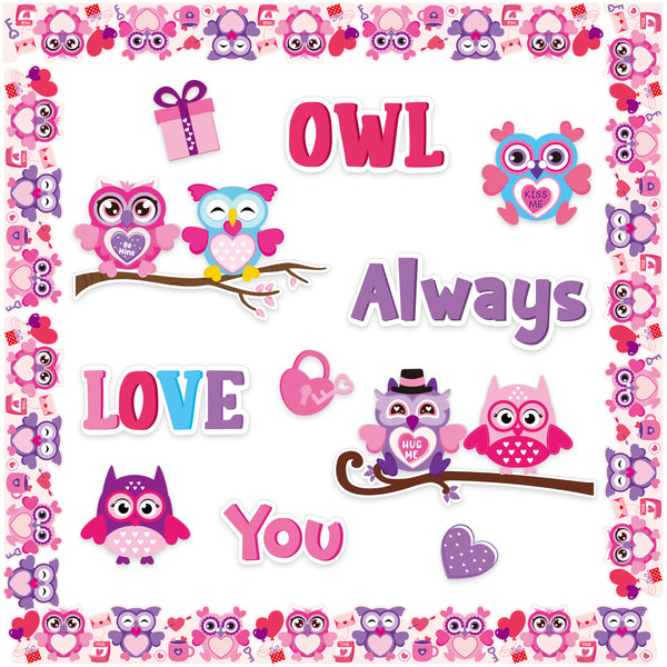 OSNIE 84Pcs Valentines Day Cutouts Mix Owl Heart Pattern Bulletin Board Decoration Set Owl Always Love You Chalkboard Borders & Trimmers Cardboard for Kids Spring Classroom School Home Door Wall Decor