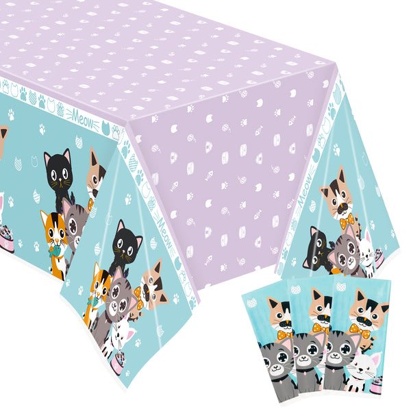 OSNIE 3Pcs Cat Party Tablecloths Disposable Plastic Waterproof Rectangular Table Covers Cartoon Kitty Meow Theme Party Decorations Supplies for Animals Pet Birthday Baby Shower Camping 108”× 54”