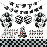OSNIE Motorcycle Birthday Party Decorations Supplies Kit - Checkered Racing Foil Latex Balloons, Pre-Strung Banner, Cake Toppers, Table Cover, Super Motocross Themed Party Supplies for Boy’s Birthday