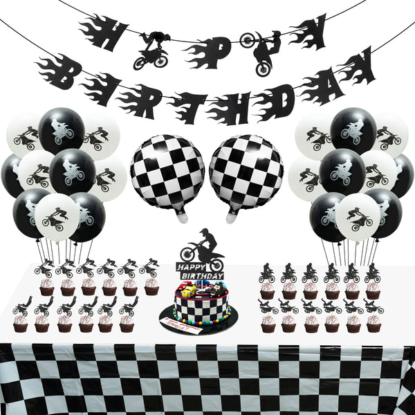 OSNIE Motorcycle Birthday Party Decorations Supplies Kit - Checkered Racing Foil Latex Balloons, Pre-Strung Banner, Cake Toppers, Table Cover, Super Motocross Themed Party Supplies for Boy’s Birthday