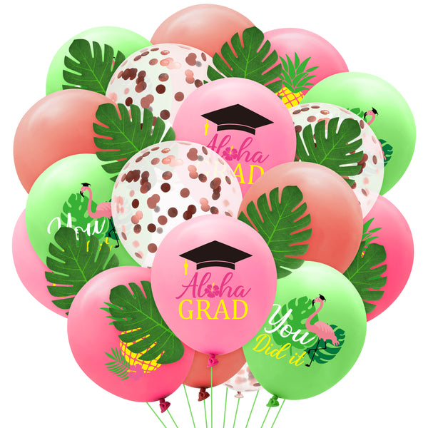 OSNIE 58Pcs Aloha Grad Latex Balloons Decorations with Palm Leaves Hawaii Tropical Luau 12 Inches You Did It Assorted Color Balloons Party Supplies Kit for 2023 Celebrate Graduation College Prom Party