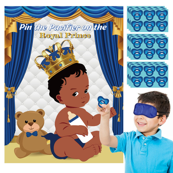 OSNIE Pin the Pacifier on the Baby Game African American Little Prince Poster with Blindfolds and Stickers Royal Prince Theme Party Supplies Family Game Activities for Kids Boys Birthday Baby Shower