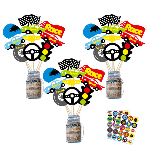 OSNIE 30Pcs Race Car Theme Centerpiece Sticks Table Cupcake Toppers with Stickers Checkered Party Decals Let’s Go Racing Themed Birthday Party Supplies Decoration Baby Shower Photo Booth Prop for Boys