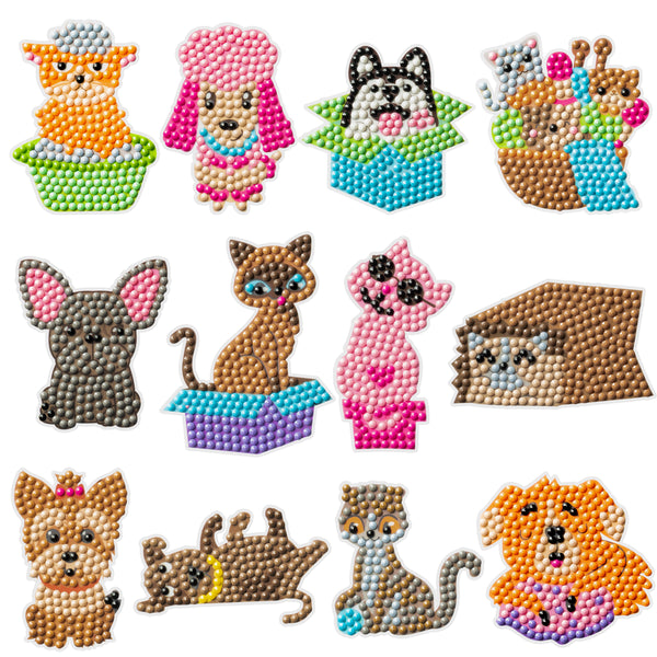 OSNIE 12Pcs Animals Cats Dogs DIY 5D Diamond Painting Stickers Kits for Kids Adult Beginners, Creative Resin Rhinestone Diamonds Mosaic Stickers, Handmade Digital Paint by Numbers Art Craft Gifts Set