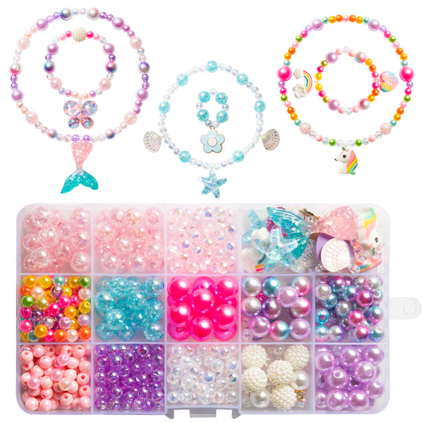 OSNIE DIY Bead Jewelry Making Kit for Kids Girls with Mermaid Starfish Shell Unicorn Rainbow Butterfly Heart Pearl Charms Beads for Bracelets Rings Necklaces Creativity Beading Kits Art Craft, 400Pcs+