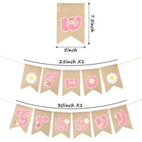 OSNIE Two Groovy Burlap Banner Garland Pink Retro Hippie Pre-strung Swallowtail Hanging Banner Daisy Flower Groovy Peace Sign Boho Girl Party Decorations Photo Props for Baby Girls Second Birthday