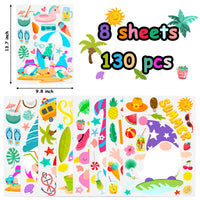 OSNIE 130Pcs Summer Gnome Window Clings for Glass Windows Watermelon Pineapple Ice Cream Sunglasses Hello Summer Stickers Decals for Hawaiian Luau Aloha Kids School Party Decoration Supplies, 8 Sheets