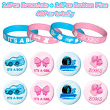OSNIE 48 Pcs Burnouts or Bows Gender Reveal Party Favors Set Include Blue and Pink Bracelets Rubber Wristbands Metal Badge Button Pins for Boys Girls Baby Shower Gender Reveal Party Supplies
