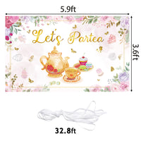 OSNIE Let's Partea Backdrop Banner Floral Tea Party Decorations Supplies for Pink and Gold Bridal Shower Baby Shower Wedding Birthday Party Photography Background Photo Studio Props, 5.9 x 3.6 ft