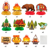 OSNIE 12Pcs Happy Camper Theme Honeycomb Centerpieces Table Topper Camping Adventure Party Decorations Supplies Cardboard Cutout Happy Birthday Table Decor Bears Tent Bonfire Party Favors Photo Booth Prop