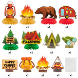 OSNIE 12Pcs Happy Camper Theme Honeycomb Centerpieces Table Topper Camping Adventure Party Decorations Supplies Cardboard Cutout Happy Birthday Table Decor Bears Tent Bonfire Party Favors Photo Booth Prop