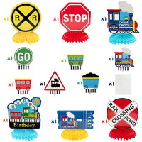 OSNIE 12Pcs Railroad Train Crossing Theme Honeycomb Centerpieces Party Decorations Supplies Railway Steam Train Traffic Sign Happy Birthday Table Topper Choo Choo Train Party Favors Photo Booth Prop