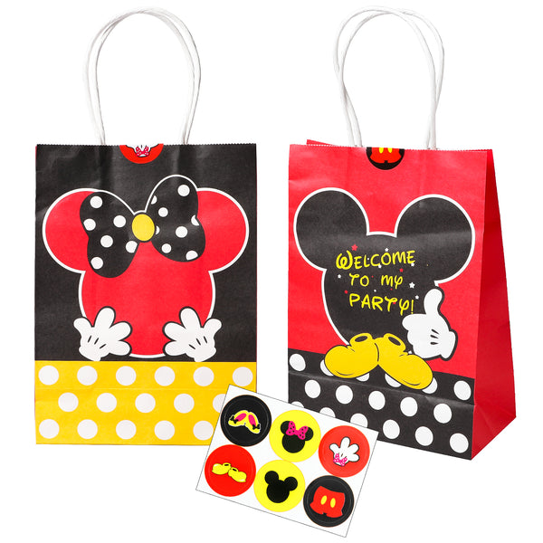 OSNIE 12 PCS Mickey Minnie Goodie Candy Treat Bags Inspired Party Favor Supplies, Mickey Themed Party Handle Paper Bags with Stickers for Kids Birthday Baby Shower Wedding Thanksgiving Gifts