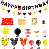 OSNIE 139Pcs Mickey Birthday Party Supplies Set Mickey Theme Party Decorations Including Happy Birthday Banner, Balloons, Invitation Cards, Tablecloth, Forks, Plates, Napkins Serves 20 Guests