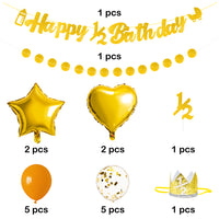 OSNIE Half Year Birthday Decorations Kit for Baby- Happy 1/2 Birthday Banner, Glitter Cardstock Banner, Party Hat, Cake Topper, Foil Latex Balloon for 6 Months Birthday Party Baby Shower Decor (Gold)