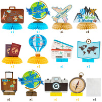 OSNIE 12Pcs Travel Themed Honeycomb Centerpieces Table Toppers Adventure Awaits Party Decor Travel Around The World Bon Voyage Table Decor Photo Props for Let The Adventure Begin Going Away Party