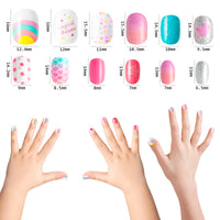 OSNIE 144 Pcs Kids False Nails Press on Nails, Pre-Glue Full Cover Short Fake Nails, Rainbow Gradient Unicorn Mermaid Artificial Nail Tips, Lovely Gifts for Children Little Girls Nail Art Decorations