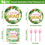 OSNIE 96Pcs Congrats GRAD Party Tableware Set with Hawaii Tropical Aloha Dinner Dessert Plates and Napkins Pink Forks Summer Party Decoration for College Prom 2023 Graduation Party Supplies, 24 Guests