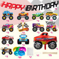 OSNIE Monster Truck Birthday Party Supplies Happy Birthday Banner Hanging Swirls Foil Balloon Cake Topper Centerpiece Table Toppers Big Foot Monster Truck Hot Wheels Birthday Decorations for Kids Boys