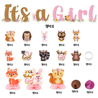 OSNIE 14Pcs Floral Woodland Animals Baby Shower Party Decoration It’s a Girl Party Banner Honeycomb Centerpieces Hanging Swirls for Baby Girl Creatures Forest Animal Theme Gender Reveal Party Supplies