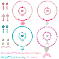 OSNIE 4 Sets of Beaded Jewelry for Girls, Rose Mermaid Unicorn Rainbow Hat Princess Necklace Bracelet Earring Pendant Ring Set Dress up Pretend Play Jewelry Toys Birthday Gifts for Kids Girls (20PCS)