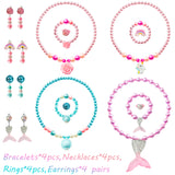 OSNIE 4 Sets of Beaded Jewelry for Girls, Rose Mermaid Unicorn Rainbow Hat Princess Necklace Bracelet Earring Pendant Ring Set Dress up Pretend Play Jewelry Toys Birthday Gifts for Kids Girls (20PCS)