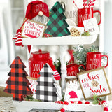 OSNIE 3 Pieces Christmas Tree Buffalo Plaid Tiered Tray Decor Xmas Freestanding Wooden Table Signs Reversible Rustic Wood Centerpiece Tabletop for Christmas Holiday Farmhouse Home Party Decorations