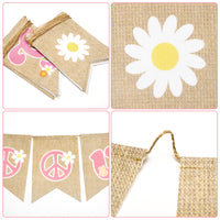 OSNIE Two Groovy Burlap Banner Garland Pink Retro Hippie Pre-strung Swallowtail Hanging Banner Daisy Flower Groovy Peace Sign Boho Girl Party Decorations Photo Props for Baby Girls Second Birthday
