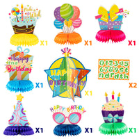 OSNIE 8Pcs Happy Birthday Honeycomb Centerpieces Table Topper Set, 3D Double-Sided Honeycomb Star Card Centerpieces with Birthday Age Stickers, Honeycomb Stand Photo Booth Props for Kid’s Birthday