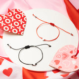 OSNIE 2Pcs Valentines Day Bracelets Gift for Couple Sterling Silver Heart Jewelry Set Black Red Handmade Adjustable Anniversary Bracelets with Drawstring Velvet Bag for Men Women Boyfriend Girlfriend
