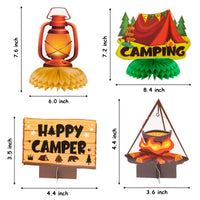 OSNIE 12Pcs Happy Camper Theme Honeycomb Centerpieces Table Topper Camping Adventure Party Decorations Supplies Cardboard Cutout Happy Birthday Table Decor Bears Tent Bonfire Party Favors Photo Booth Prop