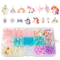OSNIE Unicorn DIY Bead Jewelry Making Kit for Kids Girls with Unicorn Rainbow Heart Bow-Knot Lollipop Crown Key Charms Beads for Bracelets Rings Necklaces Creativity Beading Kits Art Craft, 400Pcs+