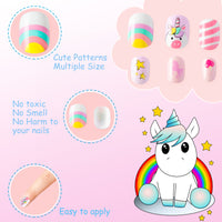 OSNIE 144 Pcs Kids False Nails Press on Nails, Pre-Glue Full Cover Short Fake Nails, Rainbow Gradient Unicorn Mermaid Artificial Nail Tips, Lovely Gifts for Children Little Girls Nail Art Decorations