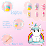 OSNIE 144 Pcs Kids False Nails Press on Nails, Pre-Glue Full Cover Short Fake Nails, Rainbow Gradient Unicorn Mermaid Artificial Nail Tips, Lovely Gifts for Children Little Girls Nail Art Decorations