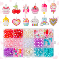 OSNIE Valentines Day DIY Bead Jewelry Making Kit for Kids Girls Heart Cherry Bear Cupcake Cloud Ice Cream Owl Penguin Charm Beads for Bracelets Rings Necklaces Creativity Beading Kit Art Craft 400Pcs+