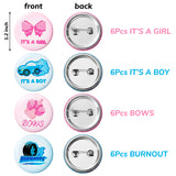 OSNIE 48 Pcs Burnouts or Bows Gender Reveal Party Favors Set Include Blue and Pink Bracelets Rubber Wristbands Metal Badge Button Pins for Boys Girls Baby Shower Gender Reveal Party Supplies